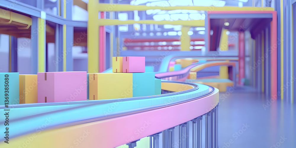 Poster pastel-colored 3d render of a conveyor belt system transporting colorful packages through a modern f
