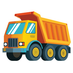 A cartoon illustration of a yellow dump truck with an orange bed and large tires
