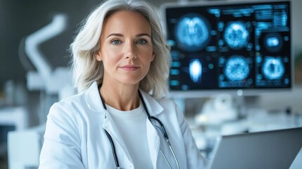 Fototapeta premium Confident and Experienced Female Doctor Examining Medical Imaging Scans in a Modern Hospital or Clinic Setting