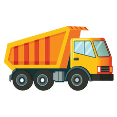 A cartoon illustration of a yellow dump truck used for construction and demolition