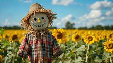 Scarecrow standing tall sunflower field photography bright day scenic view resilience and hope