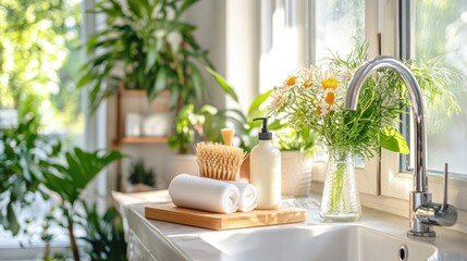 Bright and Airy Kitchen Sink with Plants and Natural Decor