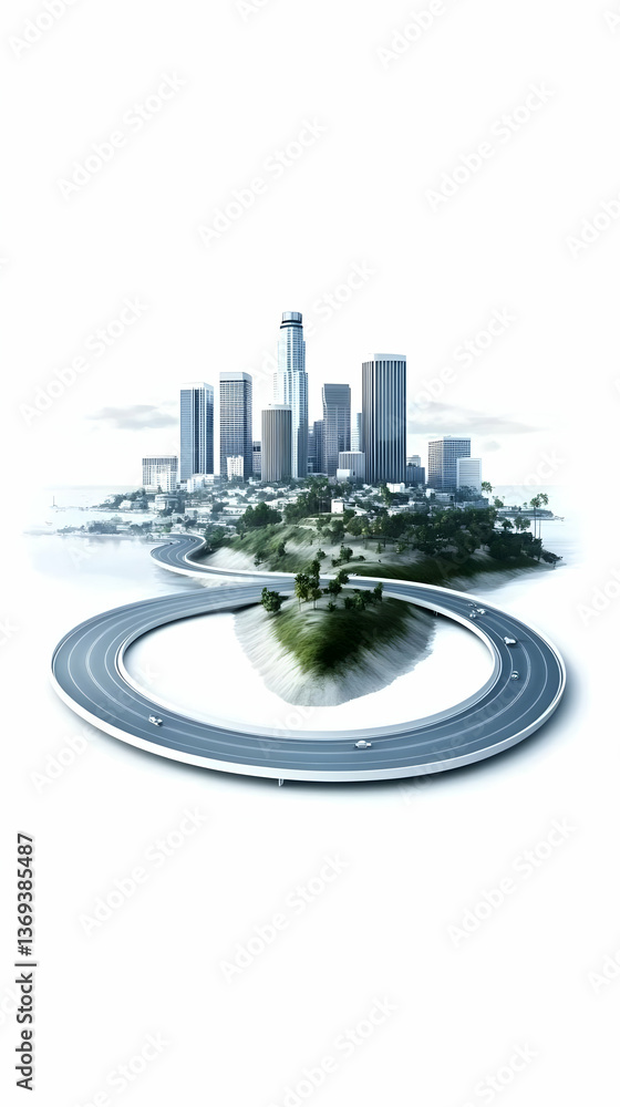 Poster 3d render of a cityscape on an island surrounded by a circular highway