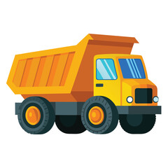 A cartoon illustration of a yellow dump truck on a white background