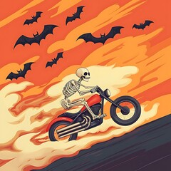 Skeleton biker with Halloween, bats, and fire.