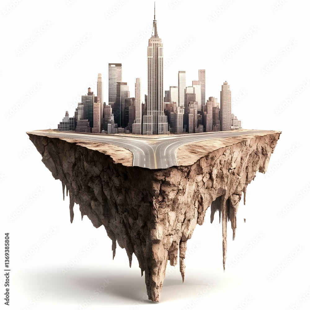 Poster 3d render of a cityscape on a floating rock island with roads