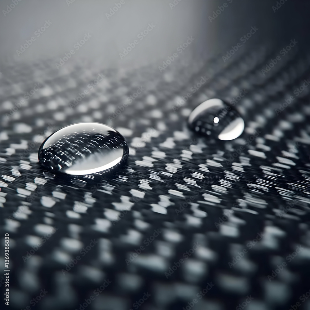 Poster abstract 3d render of water droplets on a textured surface, close-up macro view, dark background, hi