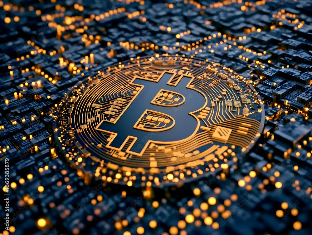 Aufkleber 3d render of bitcoin symbol on circuit board background, illuminated with golden lights