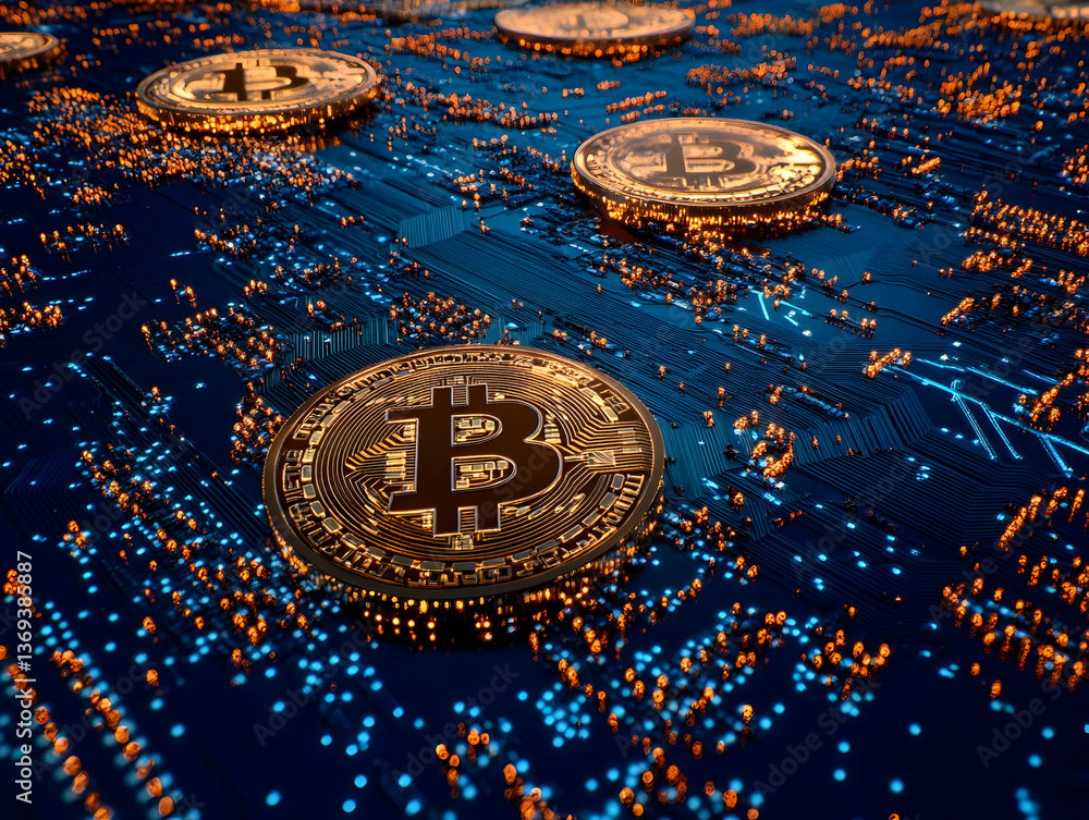 Aufkleber 3d render of golden bitcoin coins on a circuit board background, illuminating digital currency and c