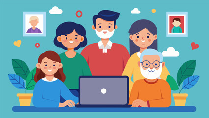 An intergenerational art project where seniors and children work together to create a digital photo album showcasing their cherished memories and. Vector illustration