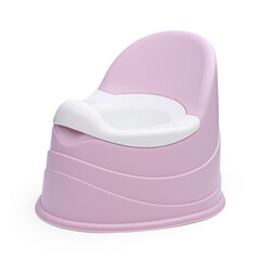 Children's purple potty with a white lid for going to the toilet made of plastic on a white background.