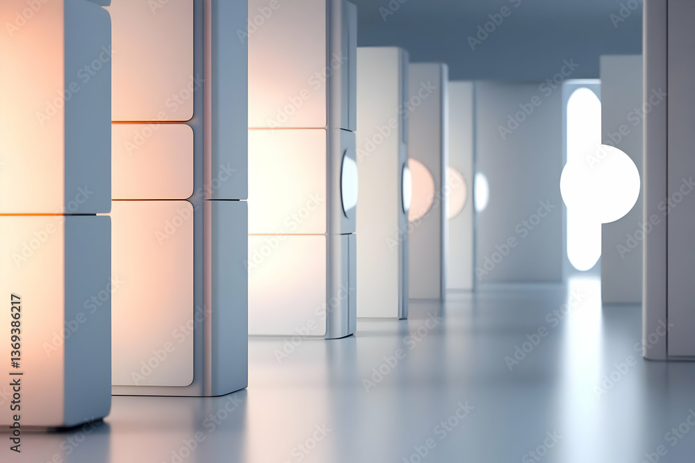 Poster abstract 3d rendering of a futuristic hallway with glowing panels and a minimalist design, creating 