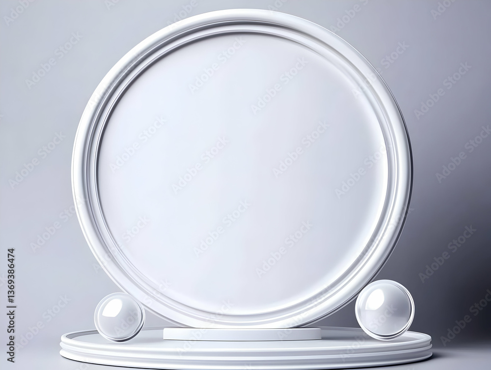 Poster 3d render of a white circular platform with spheres, minimalist abstract background design