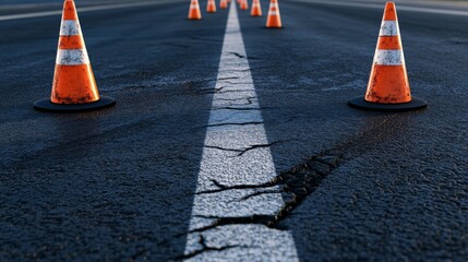 Road construction scene with orange cones marking cracked asphalt and a clear horizon