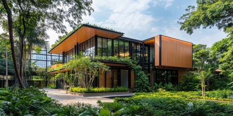 Modern architectural design featuring a glass and wood structure amidst lush greenery.