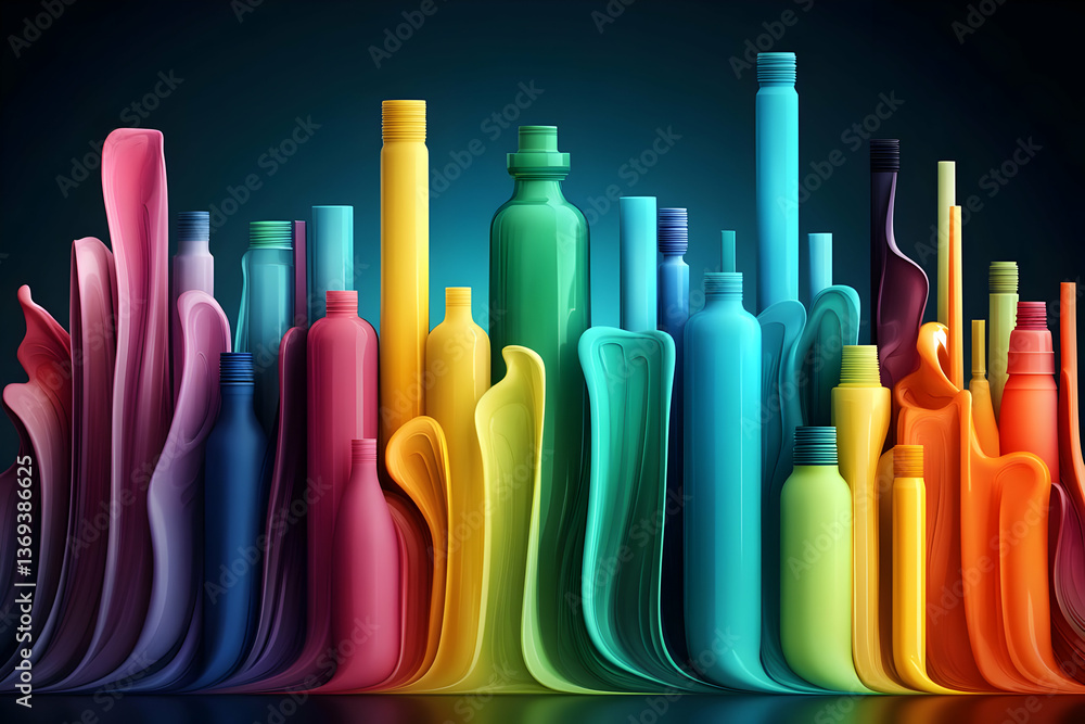 Poster Vibrant 3D Render of Colorful Bottles Arranged in Abstract Cityscape, Creating a Dynamic and Artistic Composition.