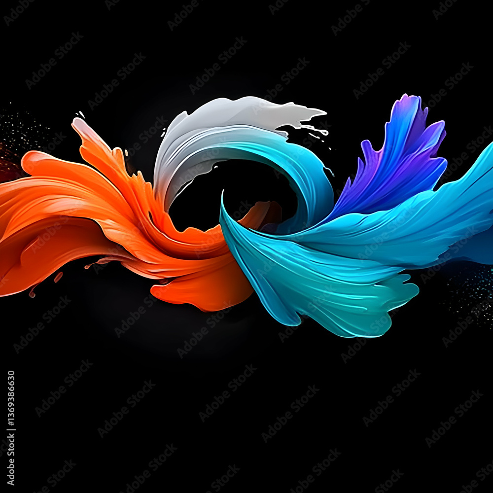 Poster abstract 3d swirling paint splashes form a vibrant, dynamic composition on a black background, creat