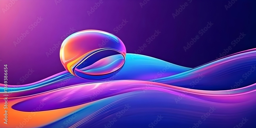 Poster abstract 3d render: iridescent sphere rests on vibrant, flowing purple and blue waves, creating a dy