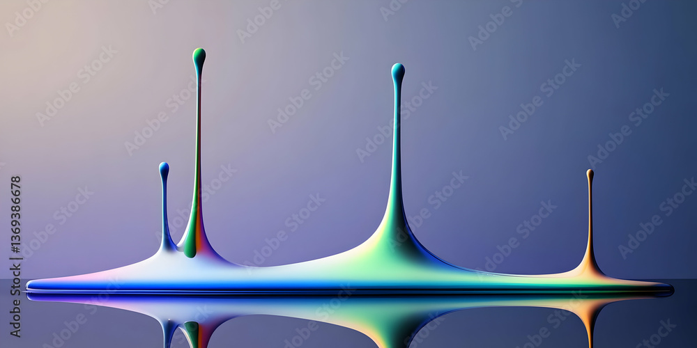 Poster abstract 3d render of colorful liquid splashes forming an iridescent landscape with reflections on a