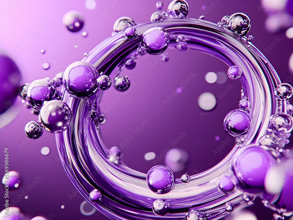 Poster abstract 3d rendering: purple liquid swirls with floating bubbles, a visually stunning background