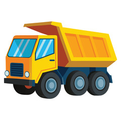 Fototapeta premium A cartoon illustration of a yellow dump truck with its bed raised high revealing a large empty space for carrying heavy materials
