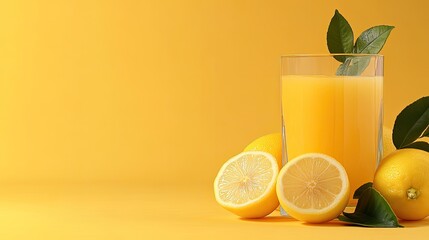 Fresh Lemonade in Glass with Sliced Lemons against Yellow Background