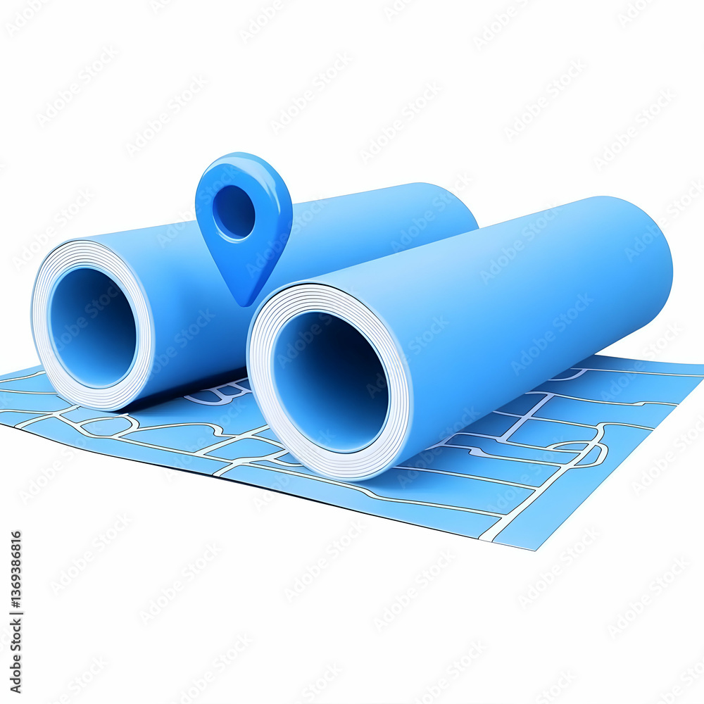 Aufkleber 3d render of rolled maps with location pin illustrating navigation and route planning