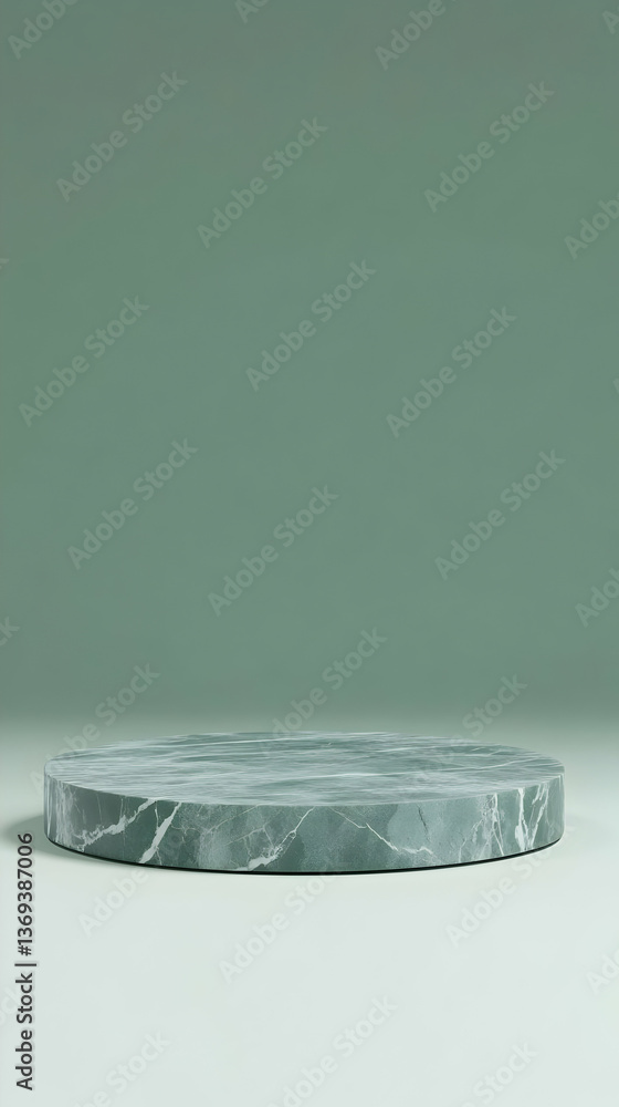 Poster 3d render of a circular green marble platform against a muted green background, ideal for product di
