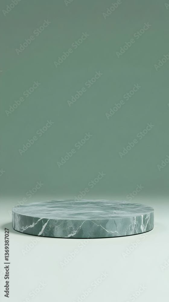 Poster 3d render of a round green marble platform against a sage green background, ideal for product displa