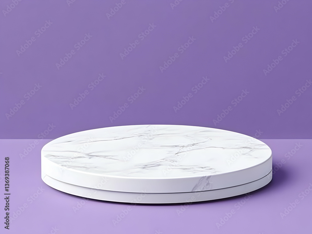 Poster 3d render of a circular marble display platform on a lavender background, ideal for product presenta