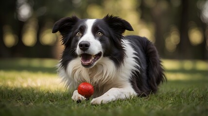 Fototapeta premium Border Collie with Red Ball on Grass