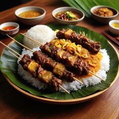 Sate Padang with thick, flavorful sauce, served warm with fluffy white rice, creating a tempting dish.