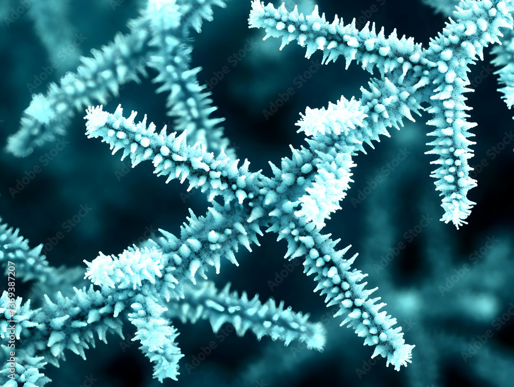 Poster 3d render of spiky, cyan-toned branching structures, abstract background illustration with textured 