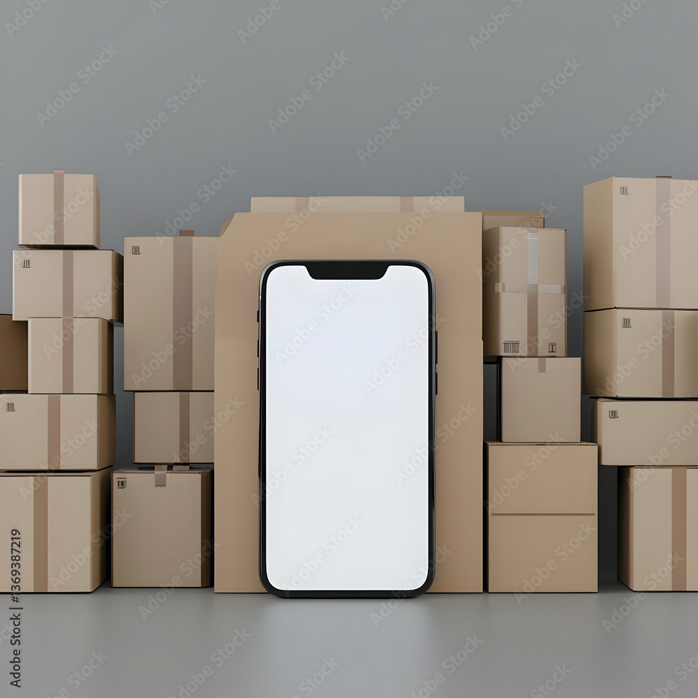 Poster 3d render of smartphone displayed among stacked cardboard boxes, representing e-commerce and mobile 