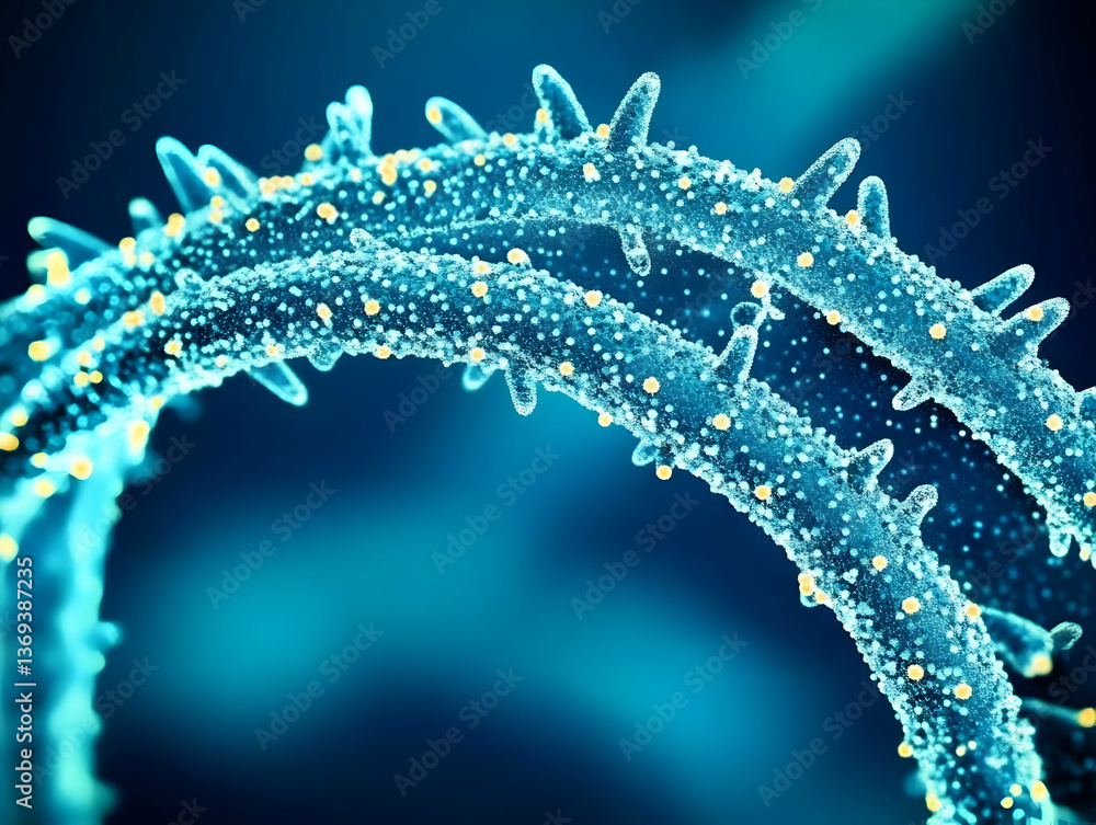 Aufkleber microscopic 3d render of a virus particle with spikes and surface proteins in a cyan background, det