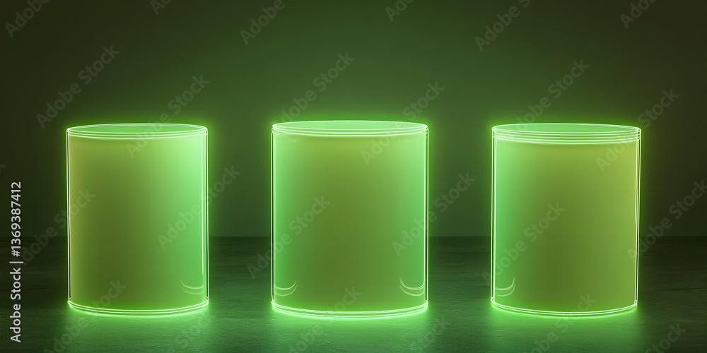 Poster three green cylindrical 3d renderings with neon glow, illuminated display stands on dark background