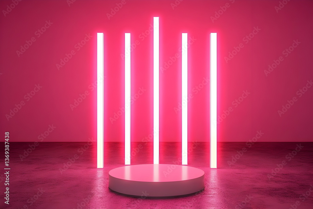 Poster pink neon lights illuminate a cylindrical display platform in a modern 3d rendered abstract backgrou