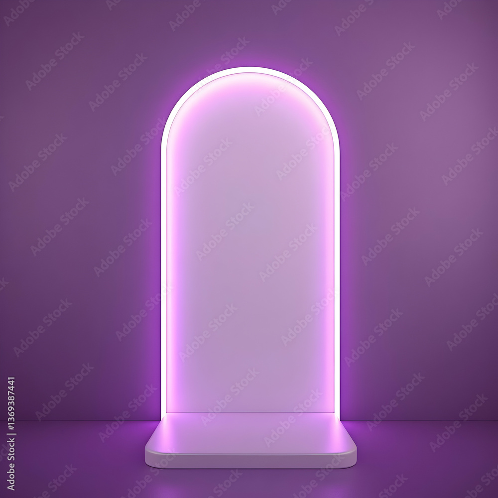 Poster 3d render of a purple archway with neon lights illuminating a product display platform