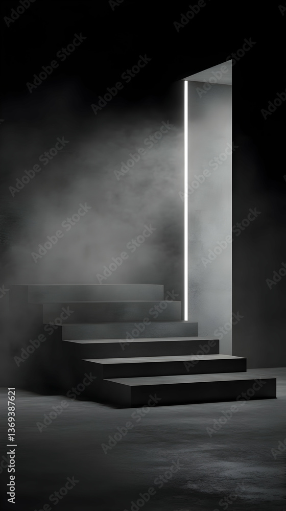 Poster abstract 3d render: dark room with illuminated steps and foggy atmosphere