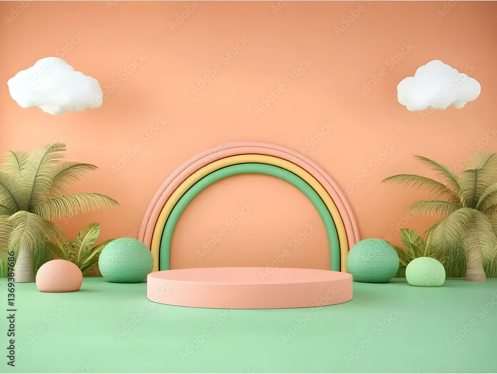 Poster pastel rainbow arch with palm trees and clouds 3d render background for product display