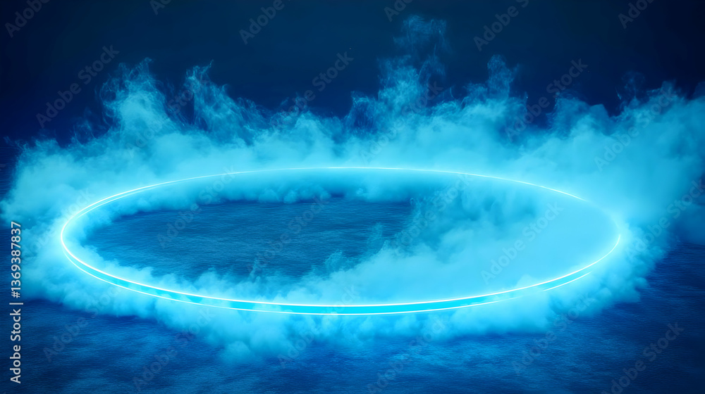 Poster abstract 3d render: glowing neon circle envelops mystical blue fog, creating an ethereal background