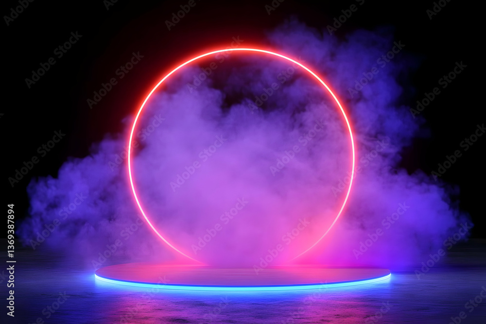 Poster abstract 3d rendering of a vibrant neon circle and platform enveloped in purple and pink smoke, crea