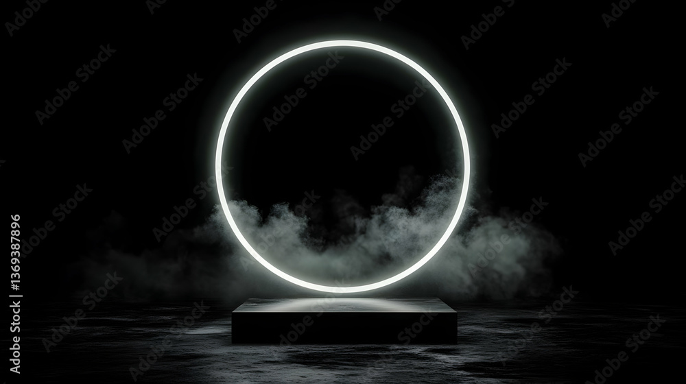 Aufkleber abstract 3d render: glowing oval light encircles smoky platform in dark setting