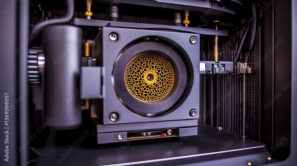 Aufkleber close-up of a technological device's intricate internal component with a golden honeycomb-like struc