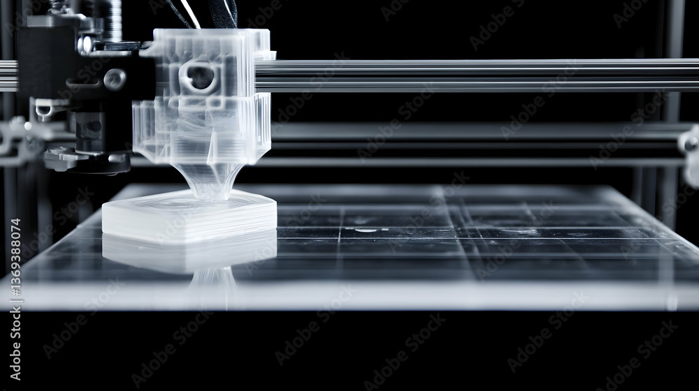 Poster 3d printer head precisely deposits filament, creating a layered white object on glass bed in a dark 