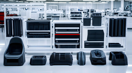 Industrial 3D-Printed Parts Showcase:  Black Plastic Components Organized on White Shelving in a Factory Setting, Demonstrating Advanced Manufacturing Processes.