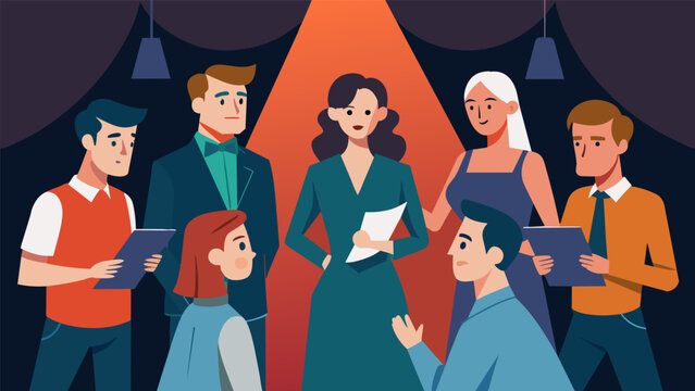 An intense focus washes over the cast as they rehe a difficult scene determined to deliver a topnotch performance.. Vector illustration