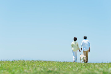 海の見える丘で愛犬と触れ合うシニア夫婦