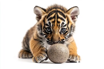 Fototapeta premium A striking Bengal tiger cub playing with a ball, set against a pure white background. 