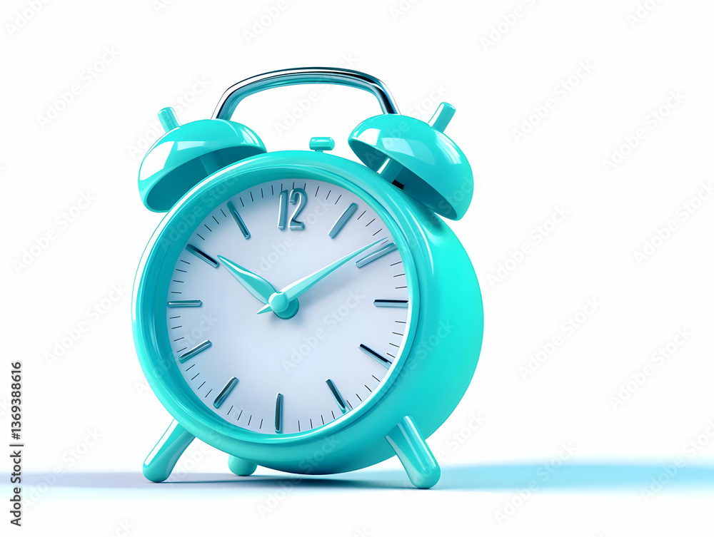 Poster 3d render of a turquoise alarm clock showing the time, a vivid illustration of time management and p